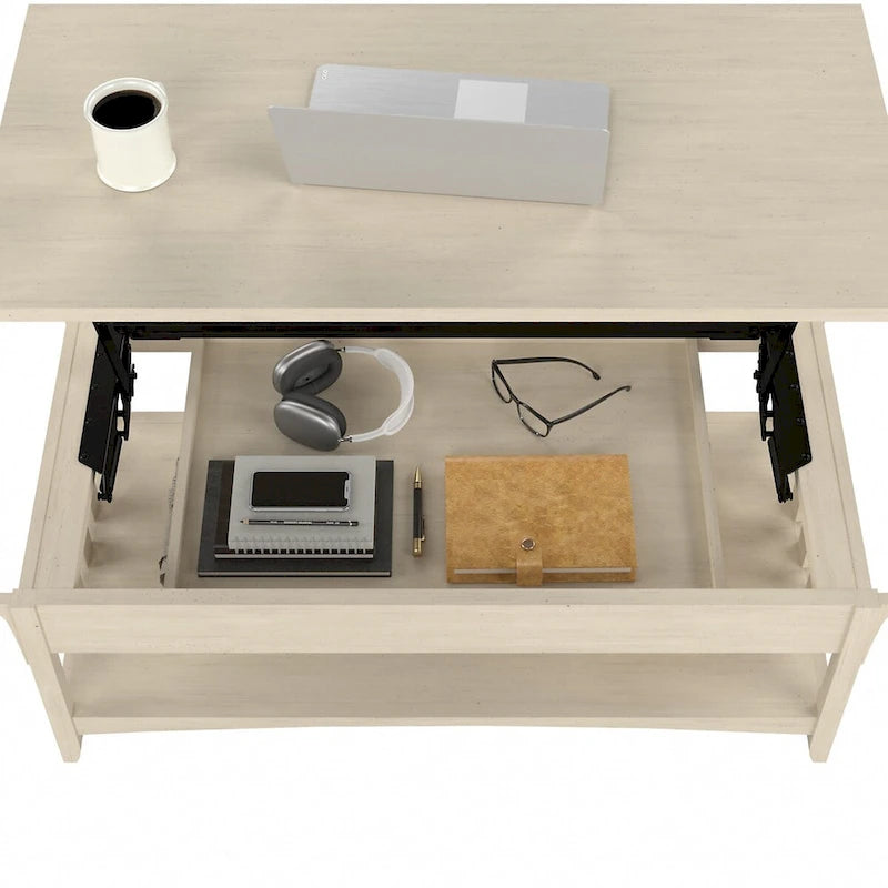 Table basse relevable avec compartiment de rangement dissimulé et étagère inférieure, Blanc antique