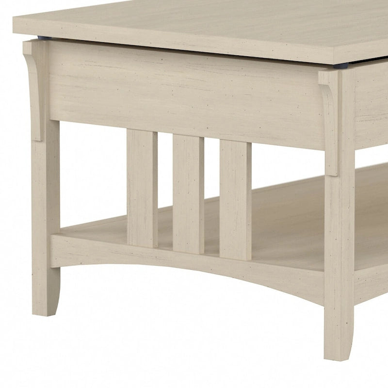 Table basse relevable avec compartiment de rangement dissimulé et étagère inférieure, Blanc antique