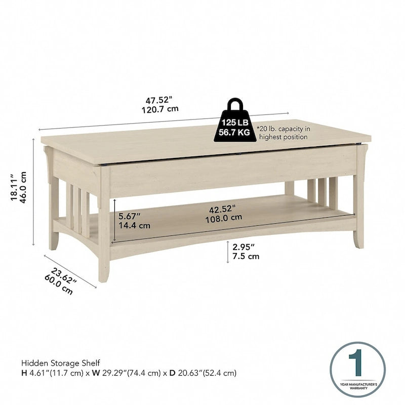 Table basse relevable avec compartiment de rangement dissimulé et étagère inférieure, Blanc antique